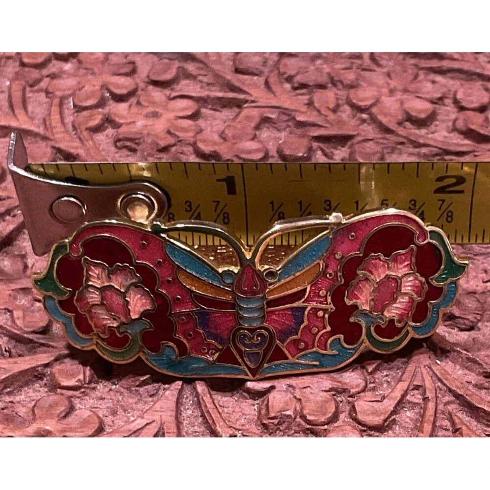 Vintage Cloisonné Butterfly Hair Barrette Gold Tone Colorful Enamel Safety Clasp